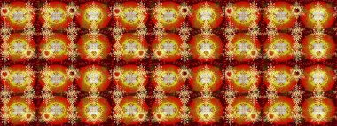 Kar tanelerinin soyut arkaplanlı Noel şablonu. Kırmızı, kahverengi ve sarı kar taneleri. Raster illüstrasyonu. Noel ve Yeni Yıl moda baskıları için tatil tasarımı.