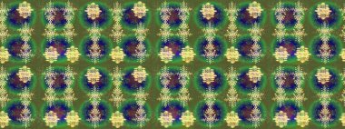 Raster illüstrasyonu. Noel ve yeni yıl moda baskıları için tatil tasarımı. Yeşil, mavi ve sarı renkler. Kar tanelerinin soyut arkaplanlı Noel deseni.