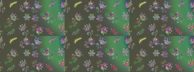 Raster illüstrasyonundaki çiçek desenli çizim. Çiçekler gri, yeşil ve mavi renklerde.