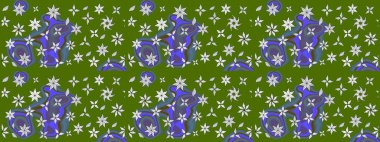 Raster Çiçek İllüstrasyonu 'nun şirin tekstili. Yeşil renkli etnik çiçeklerle zarif eskiz deseni.