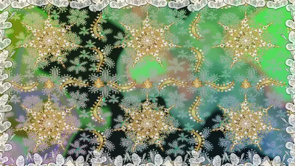 Noel, kar tanesi, yeni yıl 2019. Yeşil renklerde ve altın elementlerle kusursuz klasik desen.