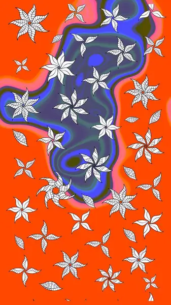 Raster illüstrasyonu. Çiçek ve yapraklı karalama şeklinde Raster çiçek deseni. Turuncu renkte bahar çiçekleri..