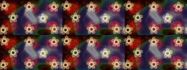 Kar tanelerinin soyut arkaplanlı Noel şablonu. Gri, kahverengi ve mor kar taneleri. Raster illüstrasyonu. Renkler. Noel ve Yeni Yıl moda baskıları için tatil tasarımı.