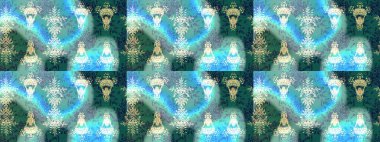 Kar tanelerinin soyut arkaplanlı Noel şablonu. Raster illüstrasyonu. Noel ve yeni yıl moda baskıları için tatil tasarımı. Mavi, yeşil ve nötr kar taneleri.