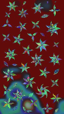 Bir sürü kırmızı ve soyut çiçekli tropik eskiz deseni. Renkli raster çizimi çizimi. Küçük çiçekte sevimli çiçek deseni var..