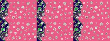 Çiçek desenli çizim. Raster illüstrasyonu. Pembe renkli Asya tekstili.