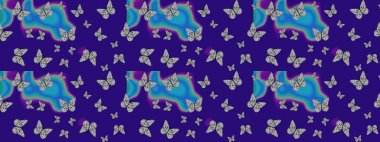 Karala, karala, karala. Çizim kalıbı. Raster illüstrasyonu. Mavi renkte bir resim. Tekstil baskısı için ekose kelebek.