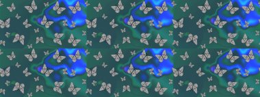 Raster illüstrasyonu. Kumaş, kağıt, ambalaj kâğıdı ve duvar kağıdı tasarımı için güzel bir arka plan. Renkli kelebeklerin eskiz arka planı.