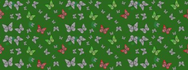 Renkli kelebeklerin güzel arka planı. Kıyafetler, erkekler, kızlar ve duvar kağıtları için soyut çizim kalıbı. Elle çizilmiş illüstrasyon. Raster..