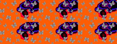 Çocuk kelebek çizim kalıbı. Çocuk için Raster Moda Kelebekleri duvar kağıdı. Turuncu arka planda güzel renkli kelebekler.