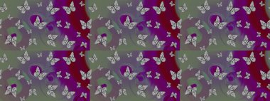 Raster illüstrasyonu. Kumaş, kağıt, ambalaj kâğıdı ve duvar kağıdı tasarımı için hoş bir arka plan. Gri arkaplanda kelebek deseni.