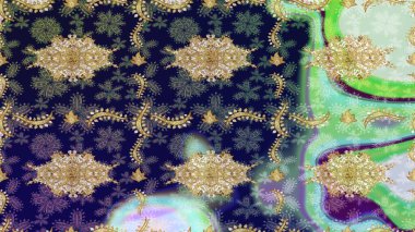 Klasik altın desenli çizim. Gri renkli ve altın elementli altın desenli. Raster geleneksel oryantasyon süsü.