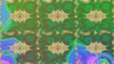 Doku arka planında altın duvar kâğıdı. Yeşil renklerdeki altın element. Barok tarzında altın çiçekli süs. Damask çizimi yinelenen arkaplan.
