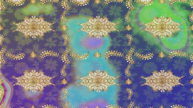 Doğum günü kartı, davetiye ya da afiş için iyidir. Ortaçağ çiçek desenini çiz. Raster illüstrasyonu. Dekoratif simetri arabesk. Mor renklerde altın.