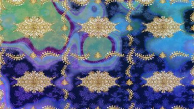 Mavi renkte çizim deseni. Çizim altın desenli bukleler. Doğu tarzı arabesk tarzında altın elementler. Raster altın eskiz deseni.