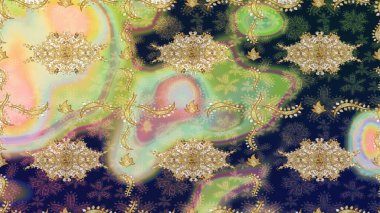 Klasik Raster Golden eskiz kalıbı. Çiçek süsü kumaş deseni, cam, çiçek desenli altın elementli, nötr renklerde metal..