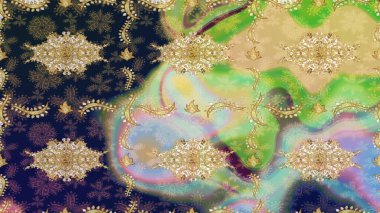 Eskiz oryantal klasik altın desen. Tarafsız renklerde altın tekrarlayan elementler içeren Raster soyut arkaplanı.