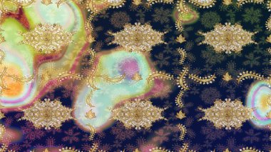 Kraliyet lüksü, altın barok kumaş rengi eskiz. Raster eskiz deseni altın antika çiçekli ortaçağ dekoratifi, yapraklar ve mavi renkli altın desenli süslemeler..