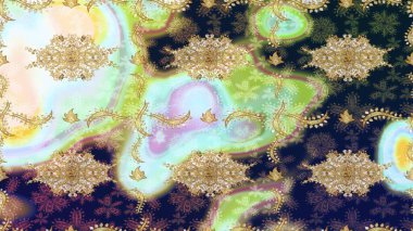 Raster altın desen. Altın elementli nötr renkler. Çizim altın desenli bukleler. Raster illüstrasyonu. Doğu tarzı arabesk.