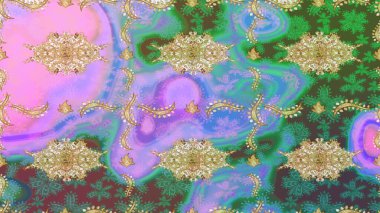 Barok tarzında duvar kâğıdı tasarımı için eskiz şablonu arka planı. Süslü raster dekorasyonu. Altın elementlerle yeşil renklerde altın desen.