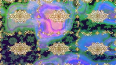 Klasik klasik klasik arka plan. Geleneksel oryantasyon süsü. Klasik Raster mavi ve altın desenli çizim.