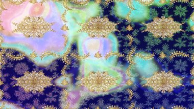 Altın karalama fantezi yapraklarından ve mavi renkli çiçeklerden Raster soyut çiçek çelengi. El yapımı dekoratif çerçeve, albüm kapağı, tebrik kartı, klasik Art deco tarzı.