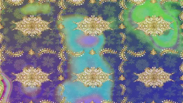 Doğum günü kartı, davetiye ya da afiş için iyidir. Ortaçağ çiçek desenini çiz. Raster illüstrasyonu. Dekoratif simetri arabesk. Mor renklerde altın.