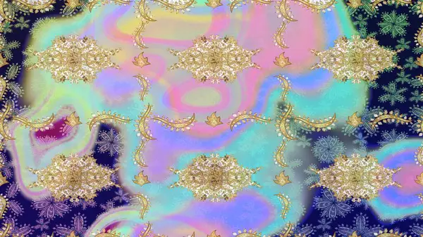 Altın elementlerle nötr renklerde altın desen. Klasik altın desenli çizim. Raster geleneksel oryantasyon süsü.