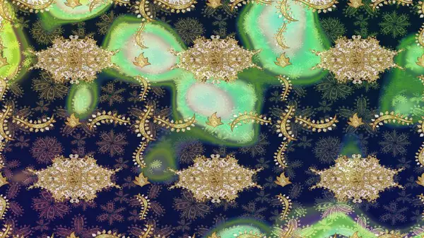 Raster altın çiçek süsü brokar kumaş ve cam desenli. Altın şablonu çiz. Altın elementli mavi renkler. Çiçek desenli altın metal..