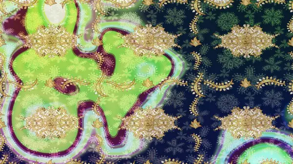 Süslü raster dekorasyonu. Altın elementlerle yeşil renklerde altın desen. Barok biçiminde duvar kağıdı tasarımı için şablon çizimi arkaplanı.