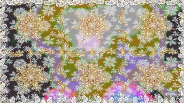 Raster altın çiçek süsü brokar kumaş ve cam desenli. Altın elementli gri renkler. Kusursuz altın desen. Çiçek desenli altın metal..