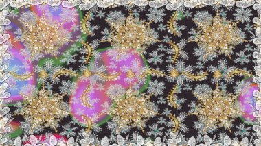 Kusursuz altın desenli bukleler. Raster illüstrasyonu. Raster altın desen. Altın elementli gri renkler. Doğu tarzı arabesk.