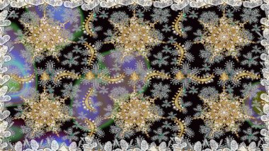 Raster illüstrasyonu. Dekoratif simetri arabesk. Kusursuz ortaçağ çiçek deseni. Doğum günü kartı, davetiye ya da afiş için iyidir. Gri renklerde altın.