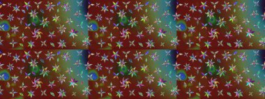 Kahverengi renklerde bahar çiçekleri. Raster illüstrasyonu. Çiçek ve yapraklı karalama şeklinde Raster çiçek deseni.