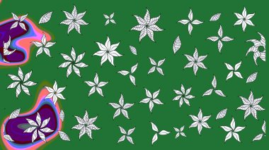 Yeşil renkli çiçekler. Hediye ambalaj kağıdı, tebrik kartları, posterler ve pankart tasarımı. Raster düz çiçek çizim deseni.