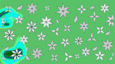 Raster çiçek desenli çiçek deseni, yapraklar, dekoratif elementler, sıçrama, lekeler, el çizimi kontur çizgileri ve Doodle çizim stili, grafik raster çizim çizimi.