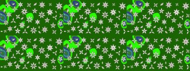 Raster deseni. Patlayan çiçekler soyut olarak yerleştirilmiş. Raster illüstrasyonu. Yumuşak, yeşil renkte bahar çiçekleri.