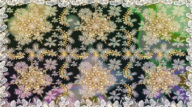 Raster altın tekstil baskısı. Kusursuz desenli oryantal süs. İslam tasarımı. Gri renkli ve altın elementli altın desenli. Çiçek karoları.