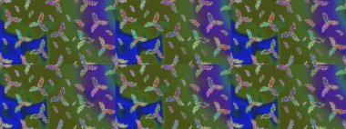 Kar tanelerinin soyut arkaplanlı Noel şablonu. Raster illüstrasyonu. Yeşil, mavi ve mor kar taneleri. Noel ve Yeni Yıl moda baskıları için tatil tasarımı.