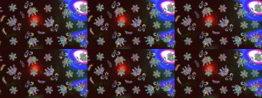 Renkli Bahar Teması eskiz kalıbı. Çiçekli çiçek deseni, suluboya. Raster illüstrasyonu. Kahverengi, mavi ve yeşil renkli çiçekler. Düz Çiçek Elementleri Tasarımı.