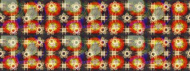 Raster illüstrasyonu. Noel ve yeni yıl moda baskıları için tatil tasarımı. Kar tanelerinin soyut arkaplanlı Noel şablonu. Kahverengi, gri ve turuncu kar taneleri.