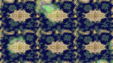 Altın şablon. Kart, duvar kağıdı, ambalaj ve tekstil için klasik tasarım. Klasik çiçek dokusu. Raster illüstrasyonu. Kraliyet retro 'su mavi renkte. Çizim kalıbı altın elementler.