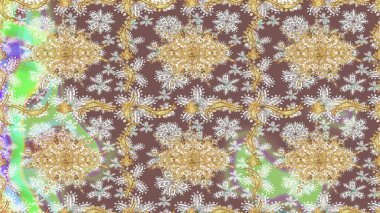 Tekrarlayan elementlerle soyut arkaplan oluşturun. Kahverengi ve altın elementli altın çizim deseni. Raster illüstrasyonu. Sketch damask klasik altın desen.