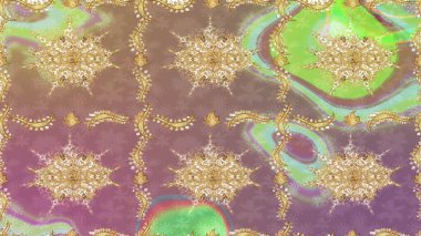 Çiçek süsü kumaş deseni, cam, altın elementlerle bej renklerde çiçek desenli metal. Klasik Raster altın eskiz modeli..