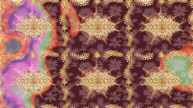 Geleneksel raster ve altın desen. Damask eskiz süsü. Kahverengi renkler üzerinde klasik oryantal desen.