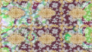 Barok tarzında altın çiçekli süs. Damask çizimi tekrarlanıyor. Doku arka planında altın duvar kâğıdı. Tarafsız renklerde altın element.