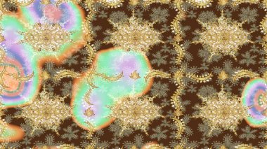 Geleneksel raster ve altın desen. Damask eskiz süsü. Kahverengi renkler üzerinde klasik oryantal desen.