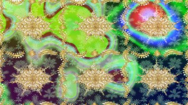 Soyut bir arkaplan çiz. Raster illüstrasyonu. Oriental raster klasik yeşil ve altın desenli.