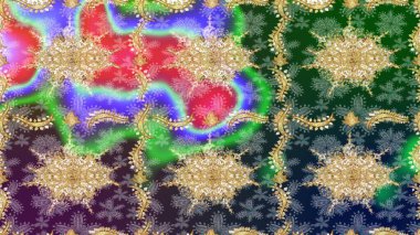 Altın çiçekli eskiz deseni. Damask arkaplanı. Barok tarzında altın çiçekli süs. Yeşil renklerdeki altın element.