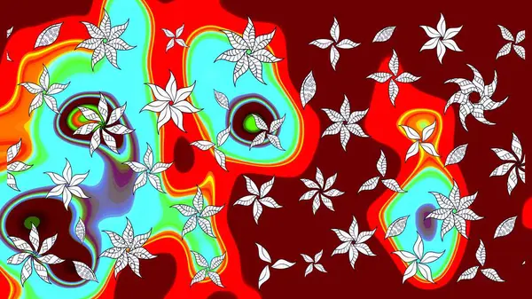 Yapraklı çiçekler ve kırmızı renklerde papatya çiçekleri. Eskiz arkaplan modeli. Raster - stok.